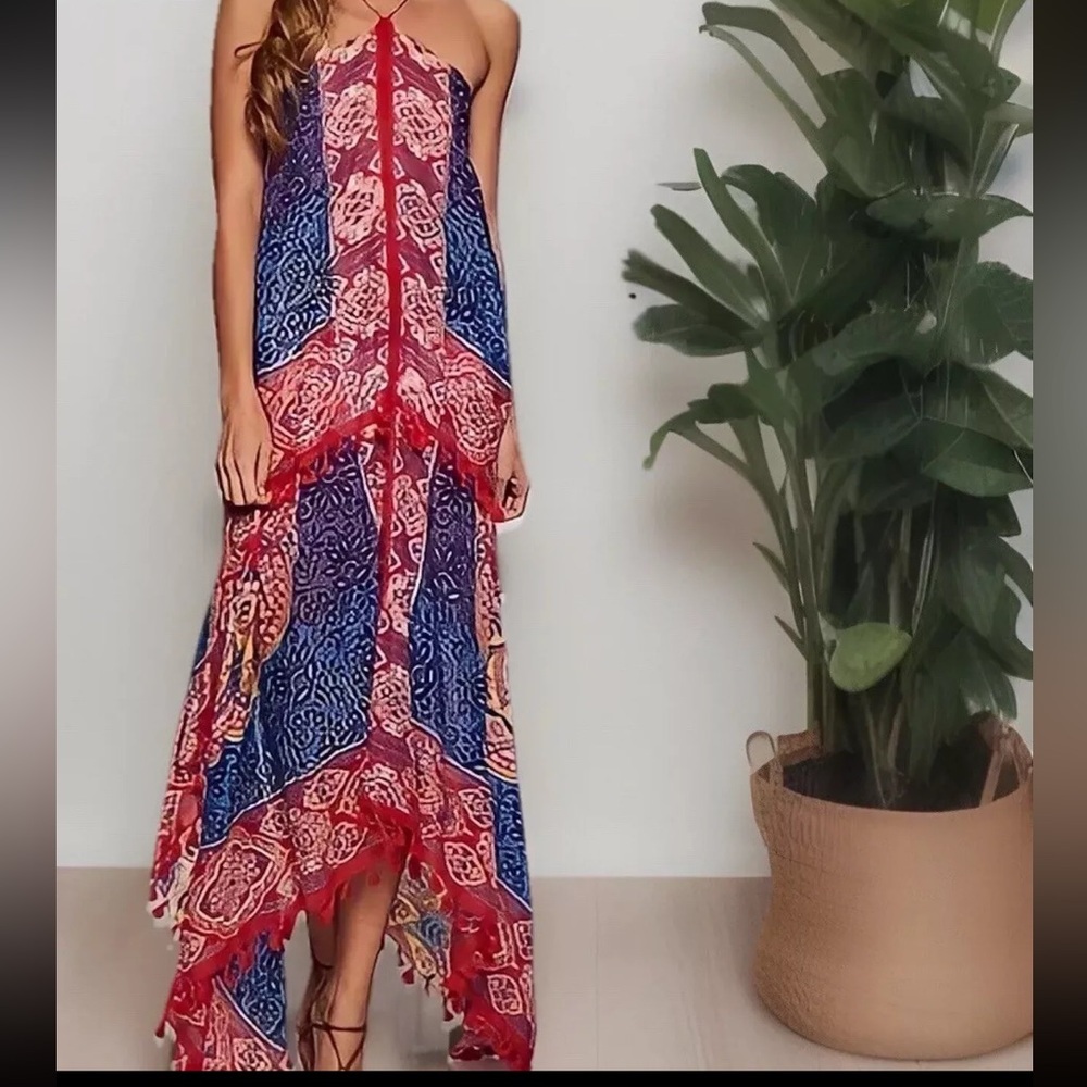 LOVESTITCH Dress Womens Red Batik Print Maxi Halter Open Back Boho NWT - Picture 4 of 16